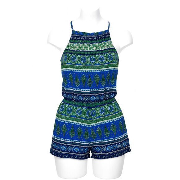 NWT Blue Green White Paisley Sleeveless Adjustable Spaghetti Strap Romper M - Picture 1 of 10